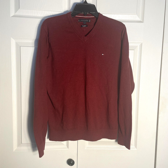 Tommy Hilfiger Sweater Men Medium Burgundy Pima Cotton Cashmere Knit Pullover - Picture 1 of 12
